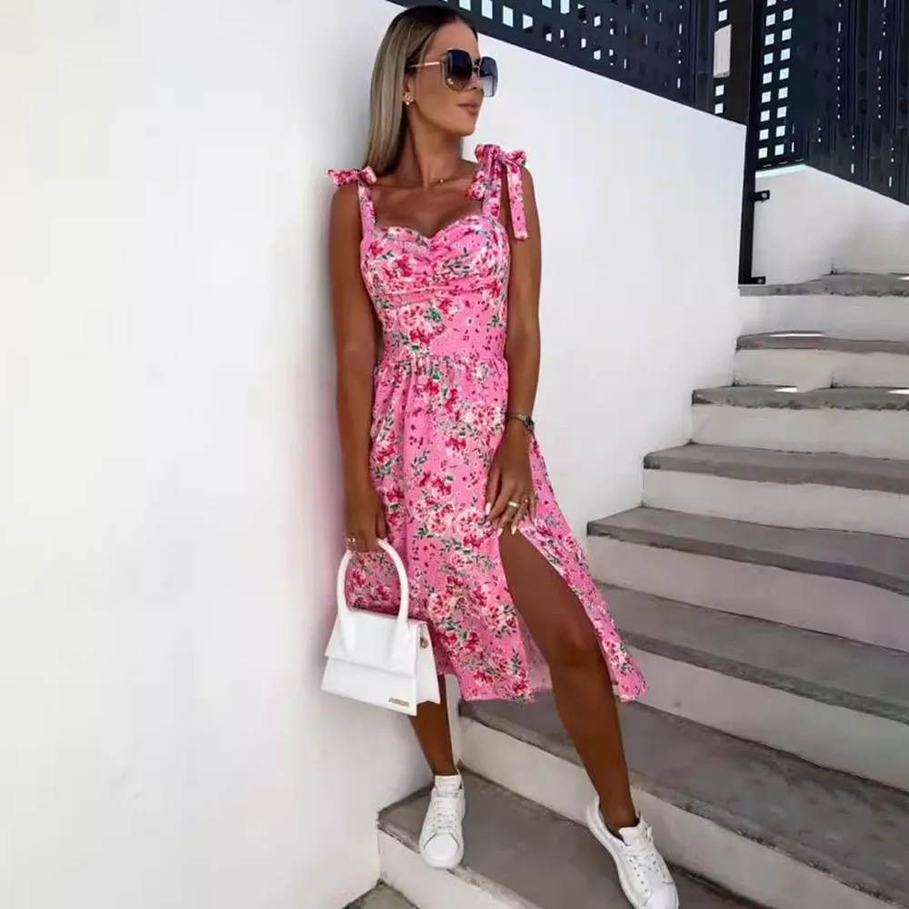 Summer Sexy Strap Midi Party Dresses Women 2024 Fashion Sleeveless Backless Print Slim White Dress Vacation Sundress Elegant