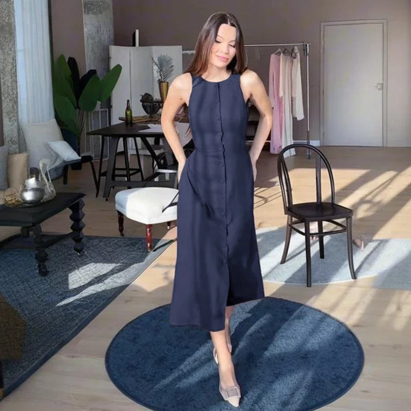 فستان نسائي غير رسمي برباط سادة ورقبة دائرية بدون أكمام فساتين طويلة فضفاضة واحدة الصدر لصيف 2025 رداء سيدة الموضة الجديدة