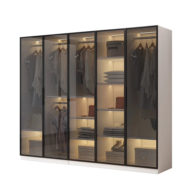 Modern minimalist solid wood single-door and double-door glass door wardrobe multifunctional luxury wardrobe bedroom cabinet