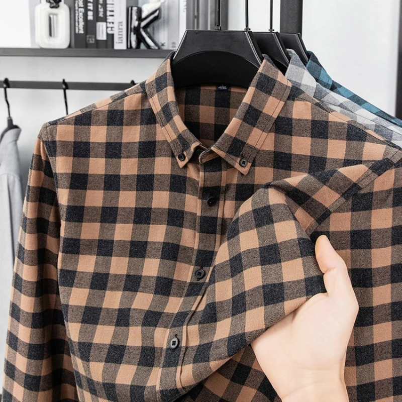 

Men's Autumn/Spring 100% Cotton Flannel Plaid Shirt Classic Plaid Shirt Breathable, Sweat-absorbing Casual Business Workwear.