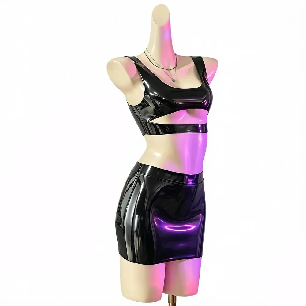 Women Double Sides PU Elastic Skirt Latex Package Hip Short MINI Skirts Dress Shiny Maid Mini Skirts Slim Maid Dance Skirt