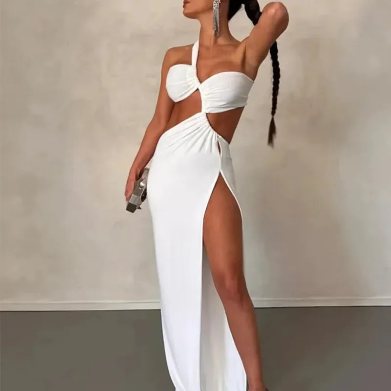 Elegant Dresses for Women 2024 Sexy Backless Sloping Shoulder Fashionable Pleated Solid Color Pullover Long Socialite Style Slit