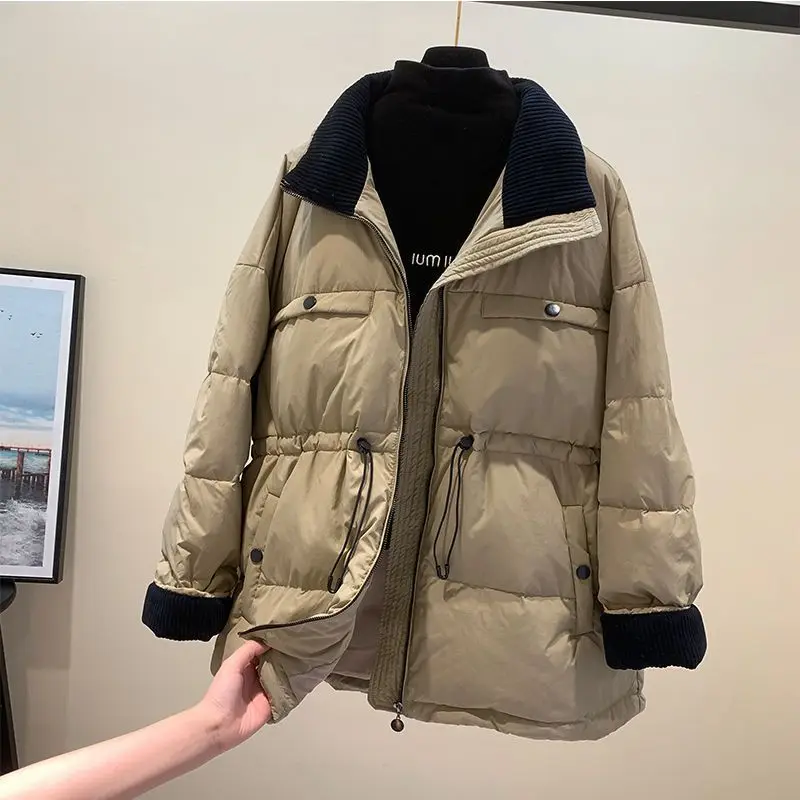 2025年カジュアル冬服新作ジャケットウエスト細め切り替えコントラストカラー保温ダウンコットン服大きいサイズハイストリート