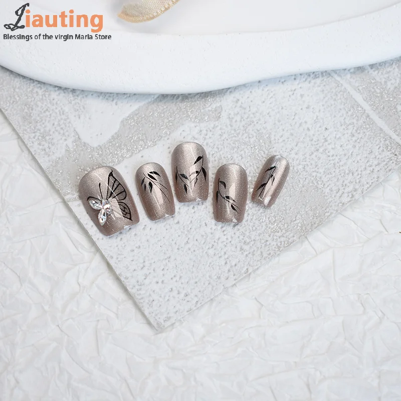 30 szt. Sztuczne paznokcie w stylu chińskim z motywem motyla i kociego oka, noszone XS/S/M, naklejane paznokcie, tipsy do zdobienia paznokci, salon paznokci