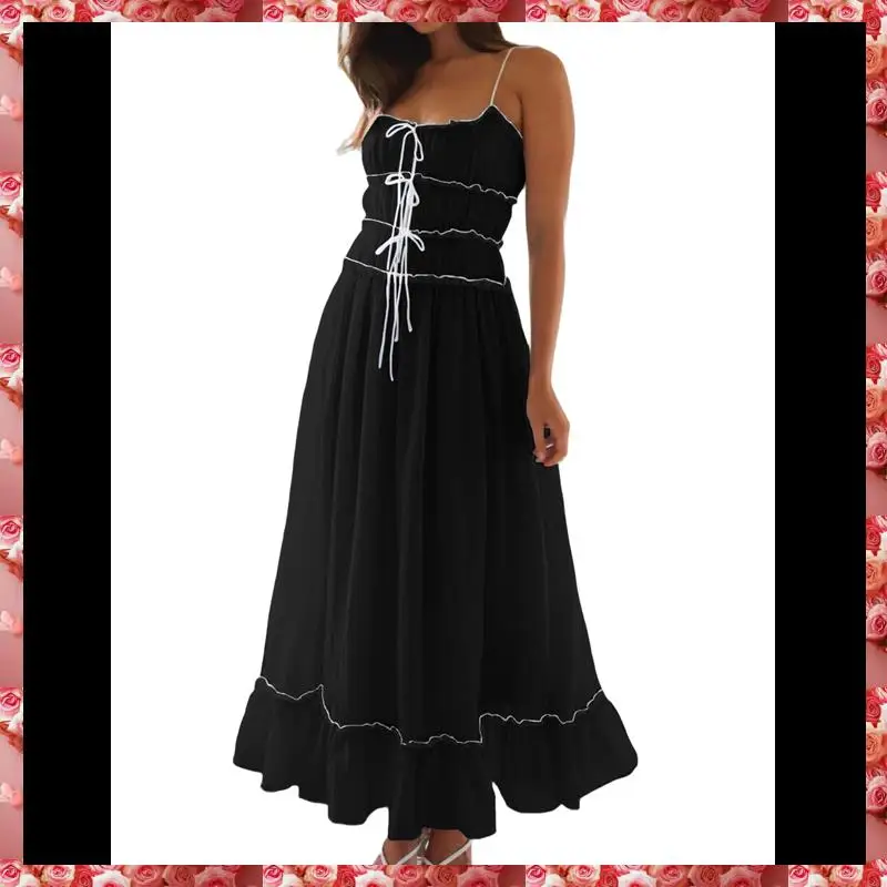 Womens 2025 Summer Dress Casual Sleeveless Spaghetti Strap RIC Rac Trim Smocked Ruffle Beach Long Maxi Dress