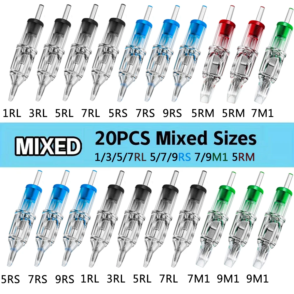 

20 шт. иглы для тату-картриджей разных размеров RL RS RM M1, одноразовые стерилизованные иглы для татуировок для начинающих и художников