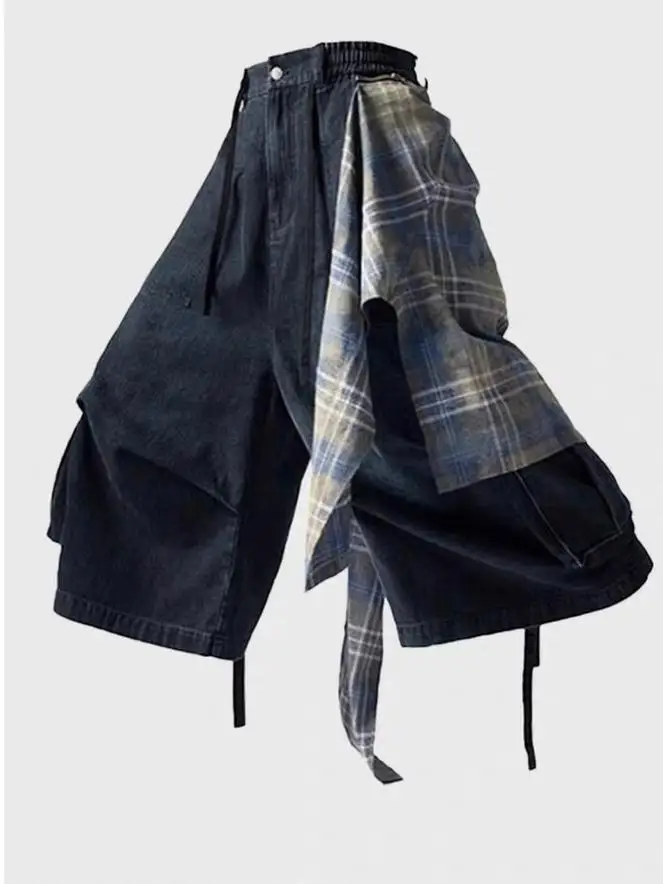 Men Women American Detachable Plaid Butt‑Flap Pants, Summer Ribbon Cargo Denim Capri Pants Loose Wide‑Leg Cropped Shorts