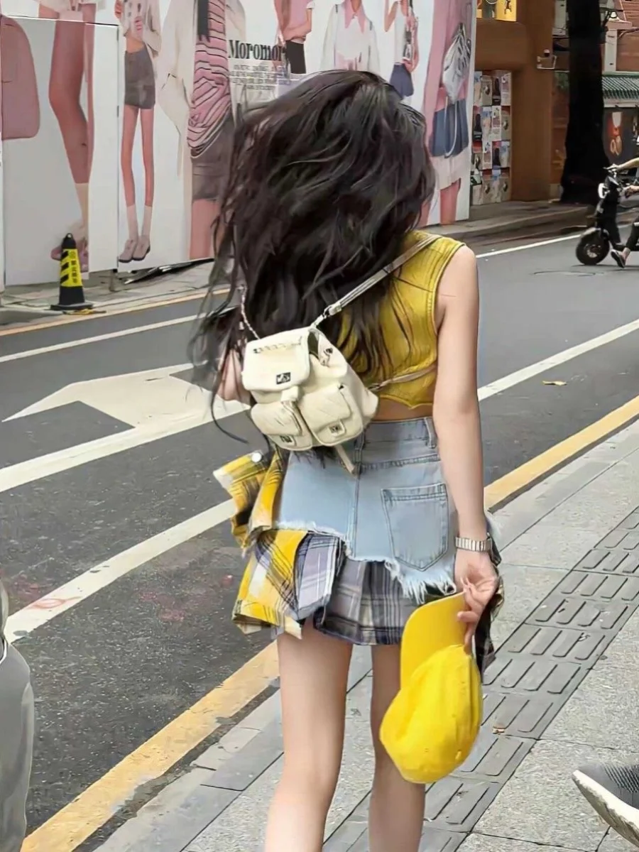 Women's Denim Skirt Colored Plaid Patchwork Irregular Deconstructed A-line High Waist Mini Skirt 2025 Summer New Fashion Vintage