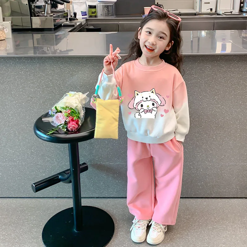 New Girl's Spring Autumn Clothes Cartoon Melody Kuromi Sweatshirt Sweatpants Two Piece Kids Set Casual Cotton Girl Tops Trousers