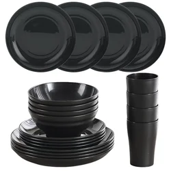 16/4PCS Black Plastic Tableware Set Plates Bowls Cups Outdoor Tableware Camping Parties 4 Sets Microwave Dishwashers Safety