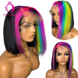 Sintético Lace Front Cosplay Perucas, Curto Bob, Pixie Cut, Blunt Half Rainbow Color, Preplucked, Cabelo Do Bebê, 13x4, 16