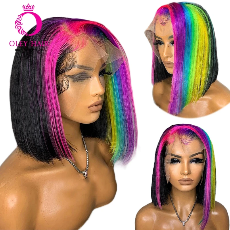 Short Bob Pixie Cut 16 Inch Blunt Half Rainbow Color Preplucked 13x4 Synthetic Lace Front Cosplay Wigs With Baby Hair