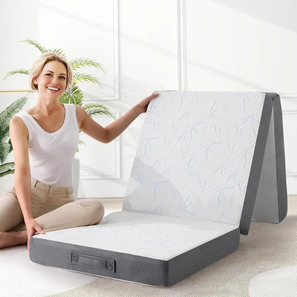 Folding Mattress with Portable Storage Bag, Full Memory Foam Tri Foldable Mattress with Soft Fabric Cover, Pressure Relief