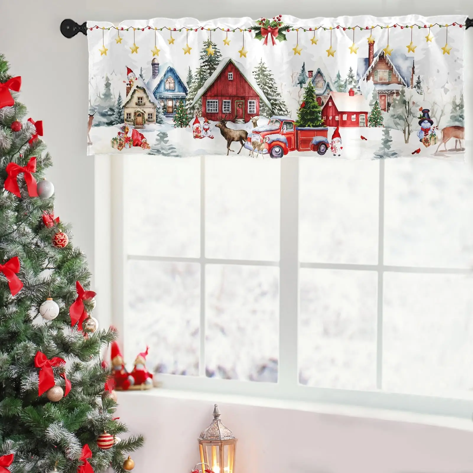 2 Pack Valances Window ,Christmas House Deer Tree Drapes Adjustable Curtain Valances for Windows Living Room Kitchen Sink Above