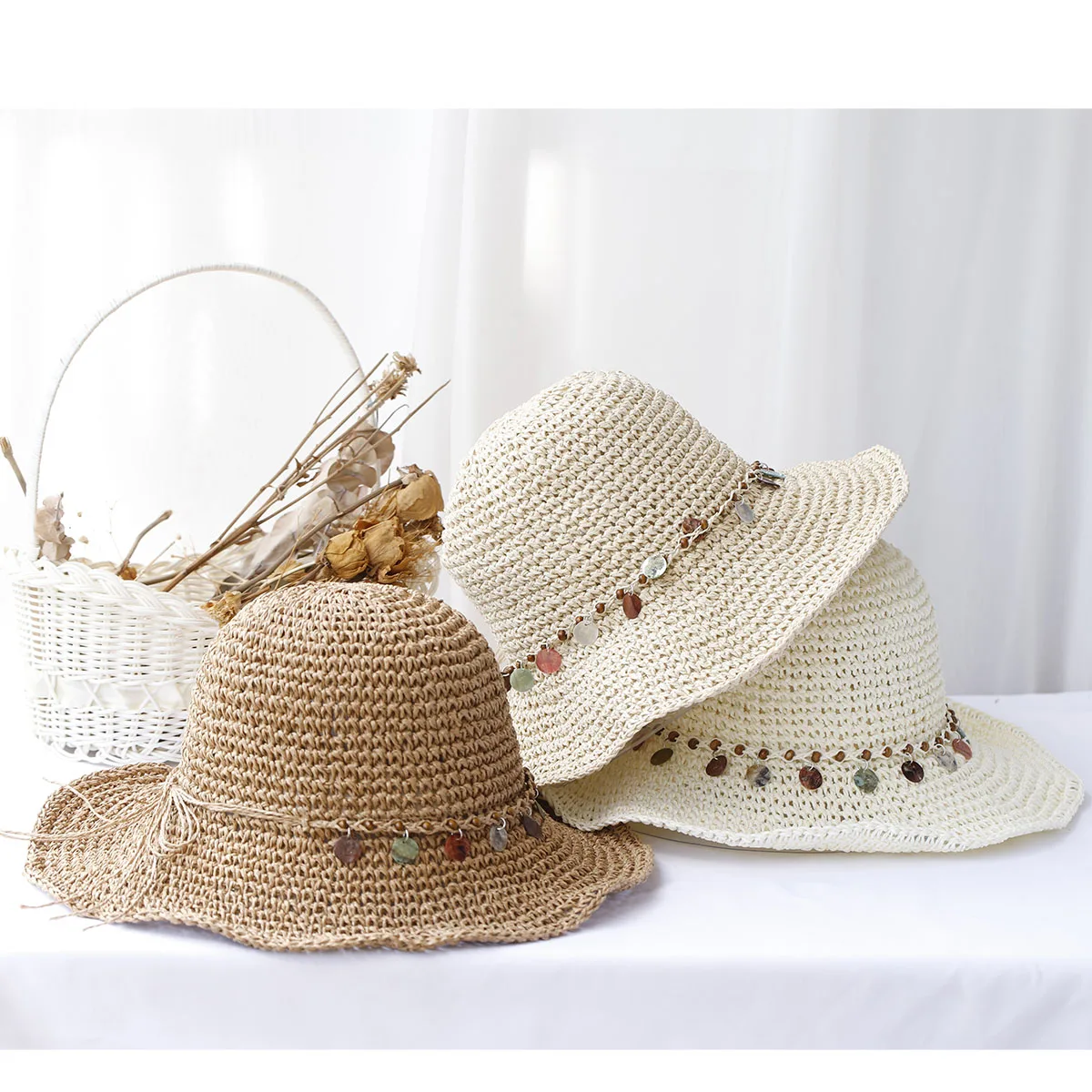 Girl New fashion Style bucket hat Multicolor Foldable Sun Crochet Hat For Beach, Travel And Vacation handmade straw hat