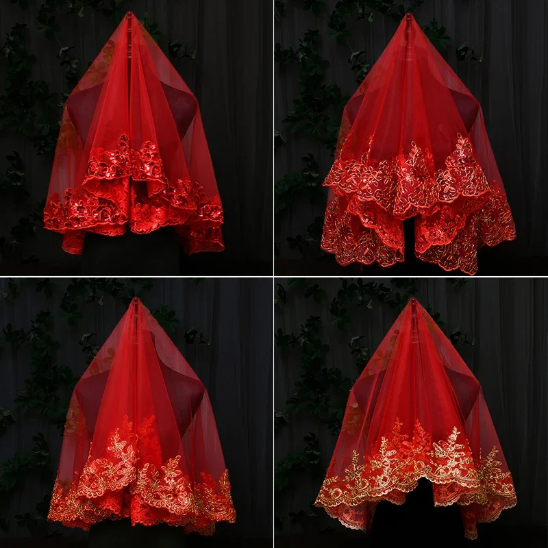

Delicate Chinese Wedding Bridal Veil With Embroidery Pattern Veil Tulle Xiuhe Clothing Sequin Full Lace Embroidery Edge Hijab