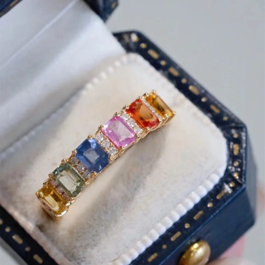 

1.59ct Rainbow Sapphire Diamond Ring 18K Solid Yellow Gold (AU750)Women Ins Blogger Popular Fashion Party Fine Jewelry