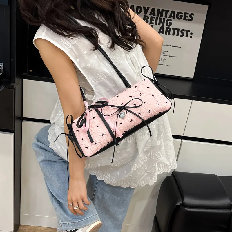 

Sweet Bowknot Women's Clutch Purse Handbags Cute Polka Dot Ladies Underarm Bag Contrasting Color Casual Female Shoulder Bags