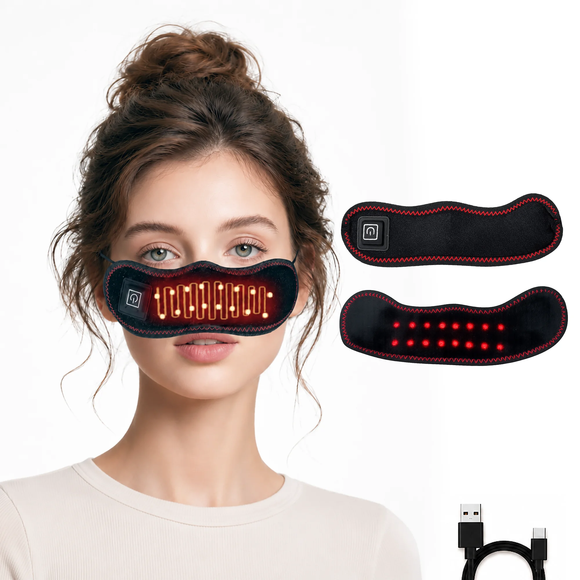 Heated Nose Wrap Red Light Nose Warmer Rechargeable 3 Heat Levels Adjustable Ear Loops Soft Plush Lining Portable Heating Mask