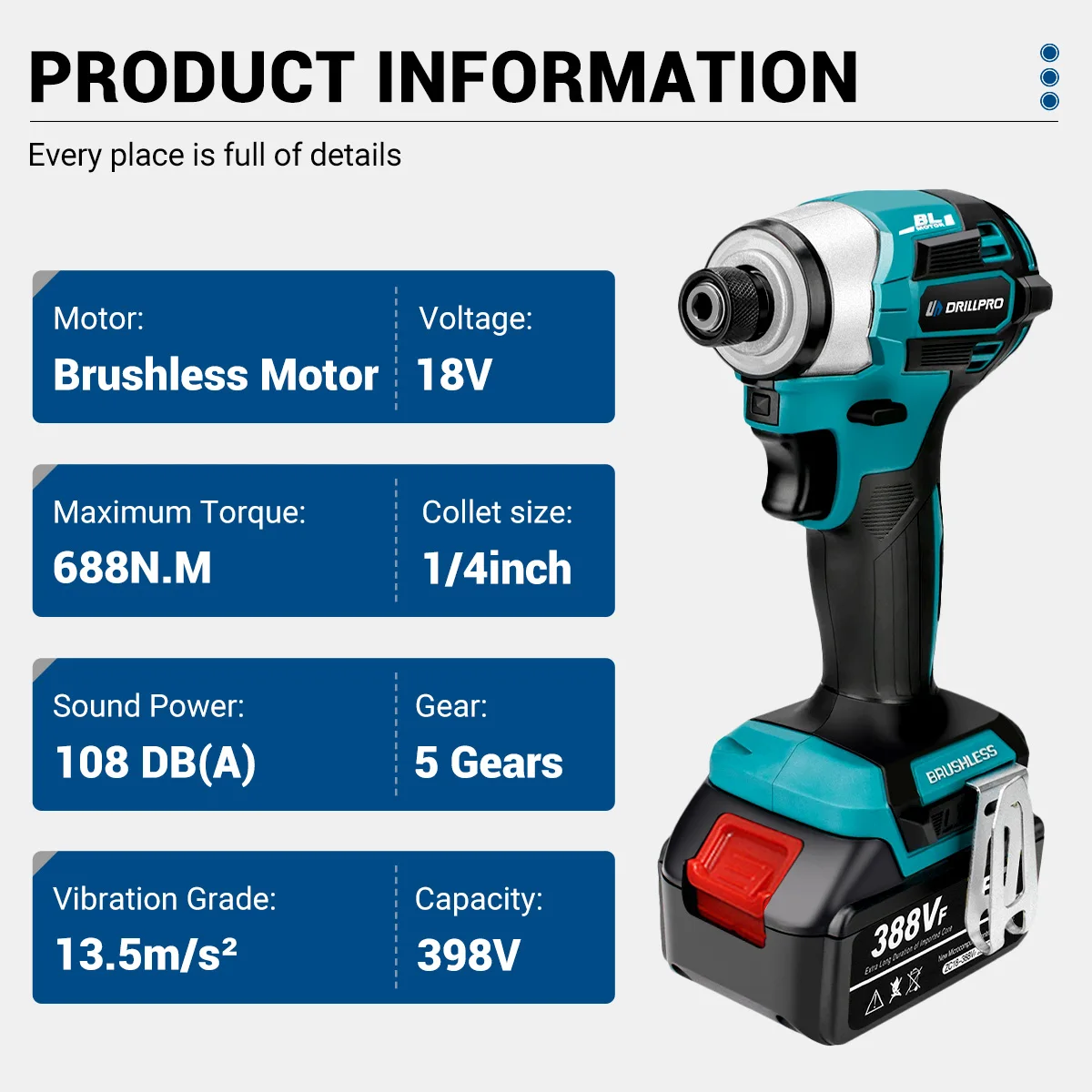 Drillpro 688N.m Brushless Electric Screwdriver 8 Gears Electric Drill Screw Driver Power Tool for Battery