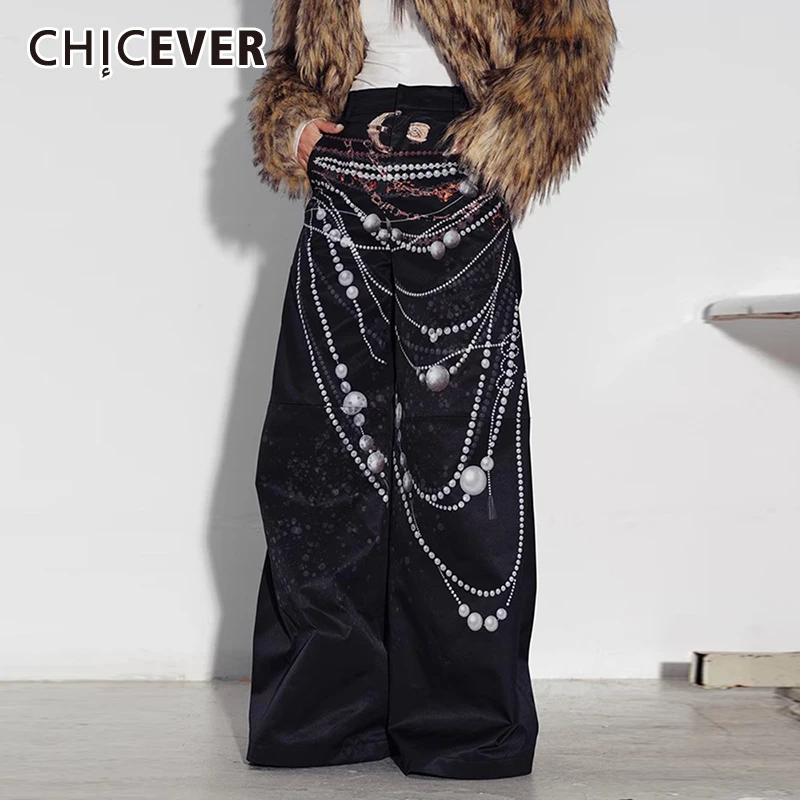 

CHICEVER Streetwear Printing Loose Pants For Women High Waist Patchwork Pockets Vintage Colorblock Chic Wide Leg Trousers Female