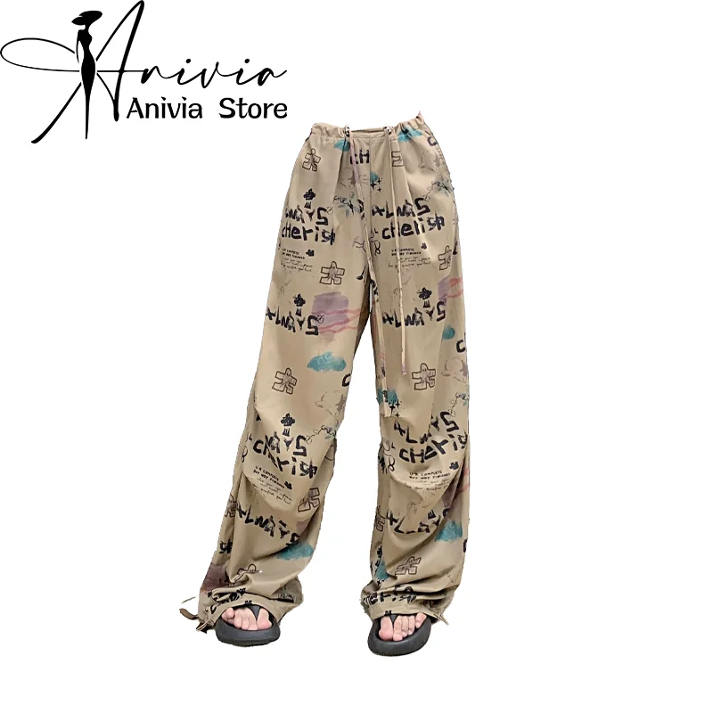 

Women's Graphic Print Pants Vintage Y2k Harajuku 90s Aesthetic Baggy Parachute Pants Oversize High Waist Trousers 2000s Clothes