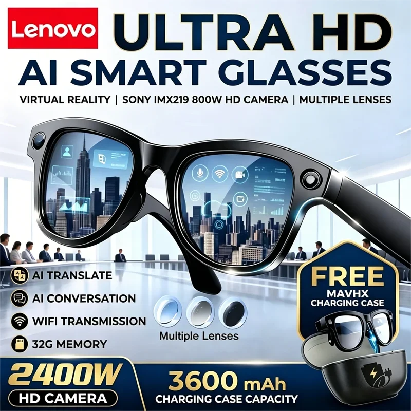 Lenovo Smart Car Glasses 8K Professional HD Video Record Camera ChatGPT Bluetooth Call Language Translation Music Sunglasses Men