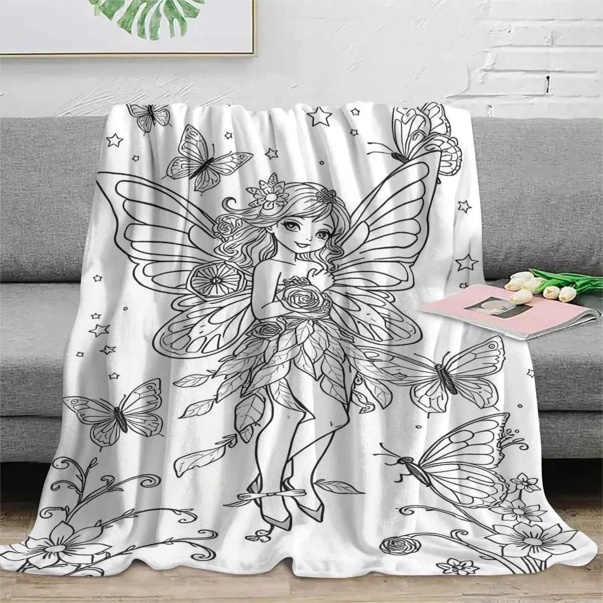 Whimsical Fairy Butterfly Floral Sketch Line Drawing Blanket Bohemian Boho Tapestry Print Cute Nursery Room Decor Throw Gift