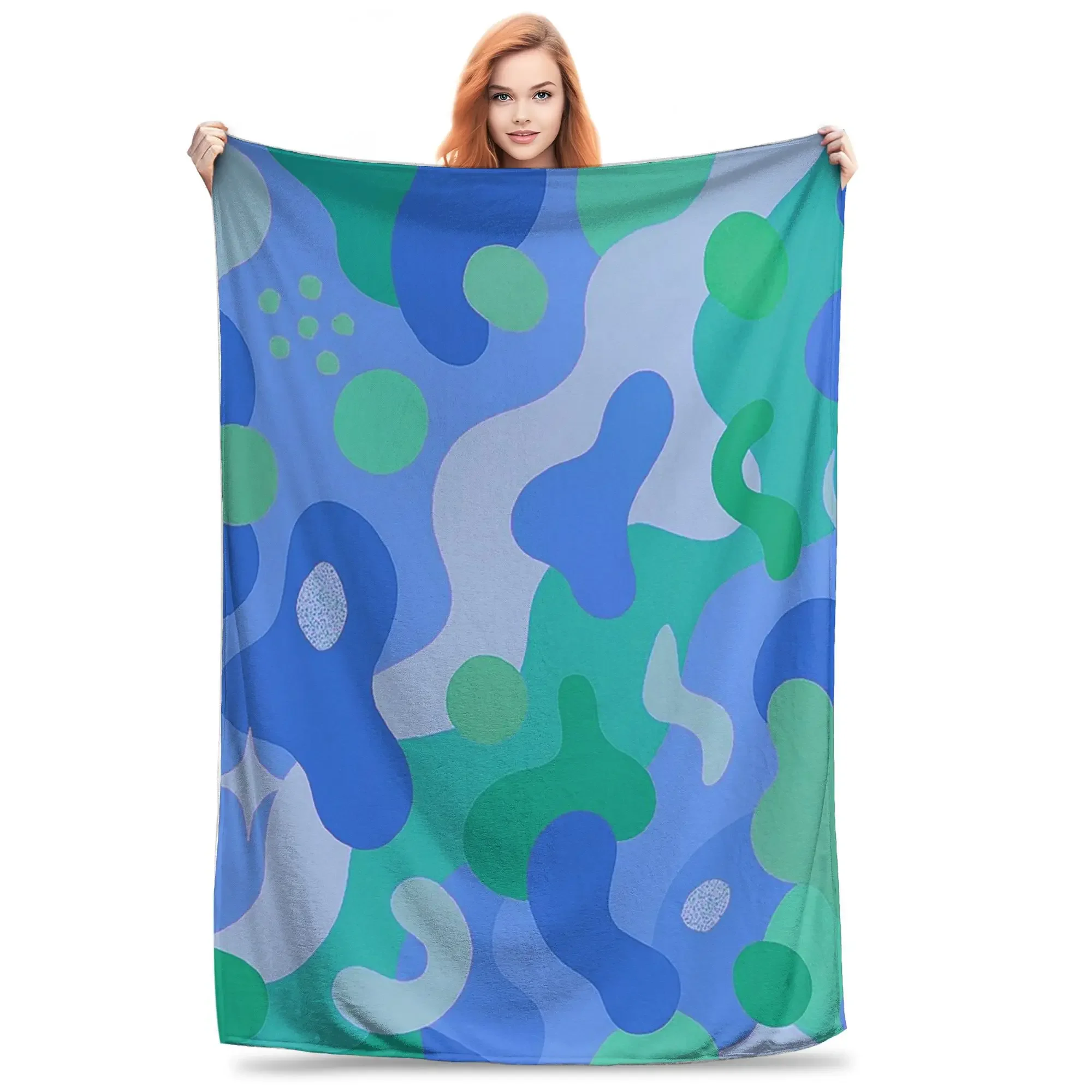Funky Green Blue Abstract Blobby Print Blankets Super Soft Fleece Throw Blanket for Home Bedroom Outdoor Throws Bedspread Quilt