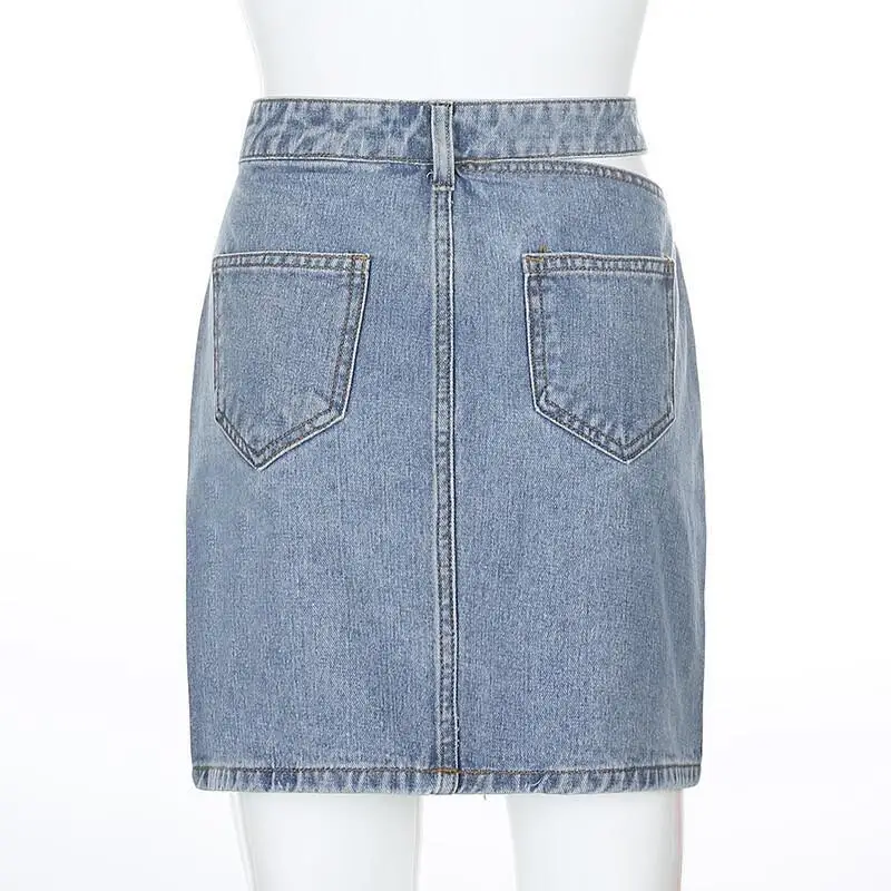 Kozoca Chic Single Side Hollowed Out Denim Skirt High Waist Slim Fit Casual Buttocks Wrapped Blue Short Skirts for Women