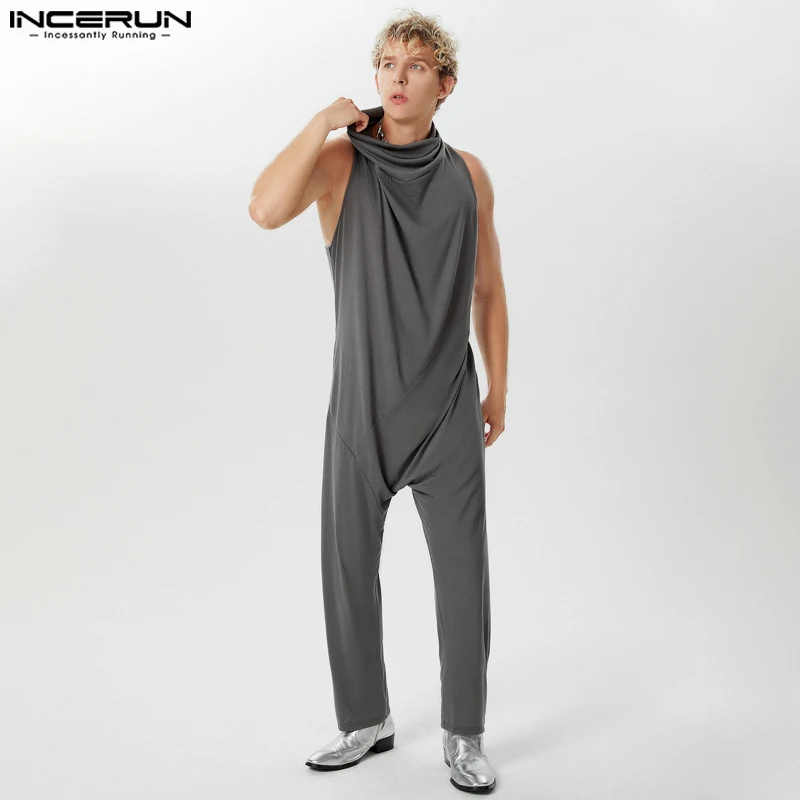 INCERUN-monos de cuello alto para hombre, ropa de calle informal, sin mangas, con cremallera, Color sólido, S-5XL verano, 2024