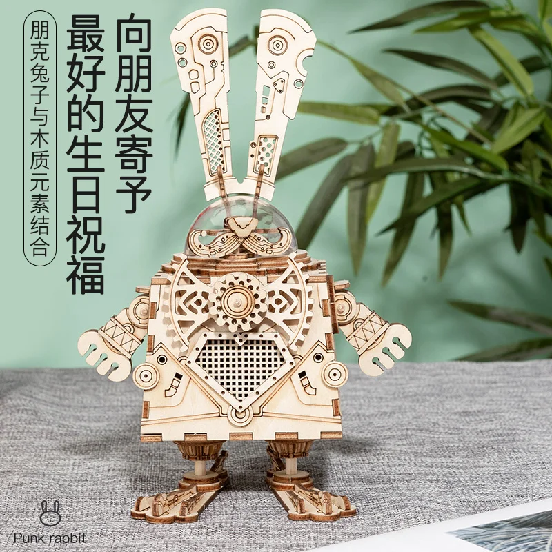 Punk Rabbit Figurine Wooden Music Box Adult Hobby Assembly Model kit 3D Puzzle Toy Miniature Craft Ornament Wooden Constructor