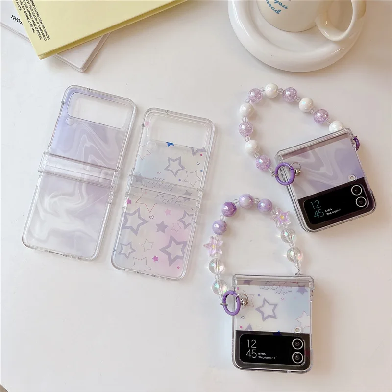 Lovely White Purple Halo Stained Star Phone Case for Samsung Galaxy Z Flip 4 3 Hard Cover for ZFlip5 Zflip4 Solid Shell Bracket