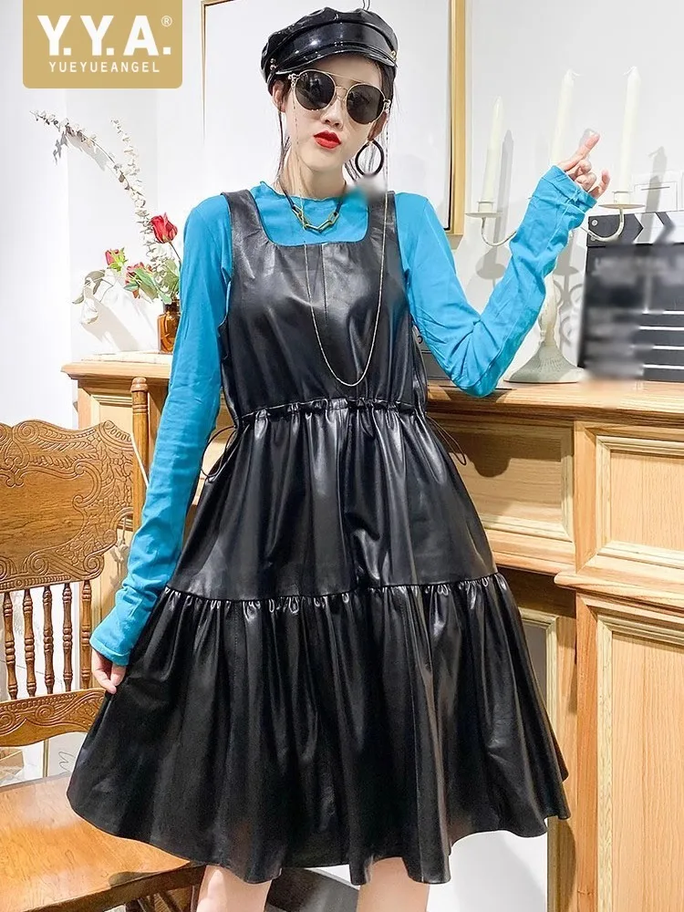 Women Sweet Genuine Leather Strap Dress Solid Square Neck Sleeveless A-Line Dress Elastic High Waist Casual Pullover Dresses