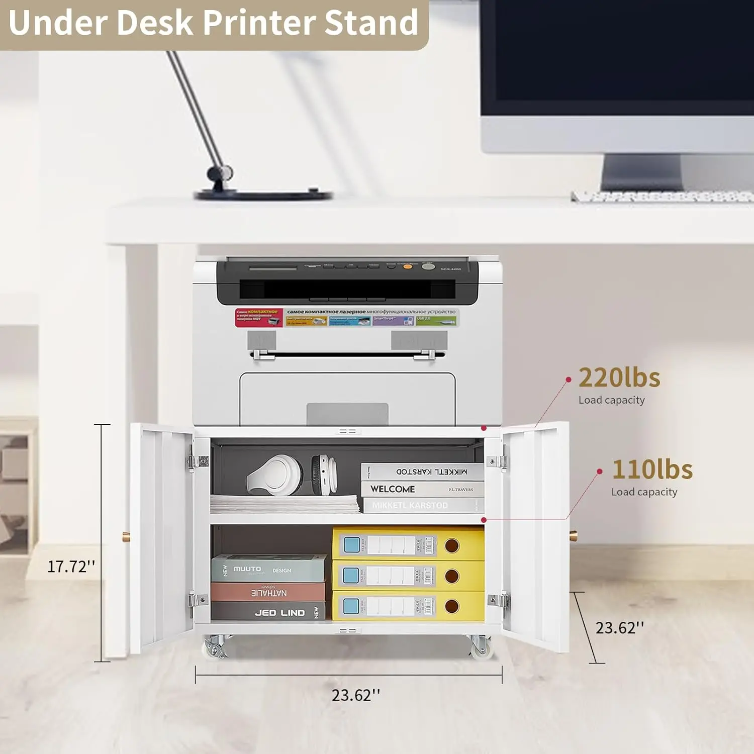 Printer Stand With Storage Cabinet Mobile File Cabinet On Wheels With Door And Adjustable Shelf Rolling Printer Table Cart For