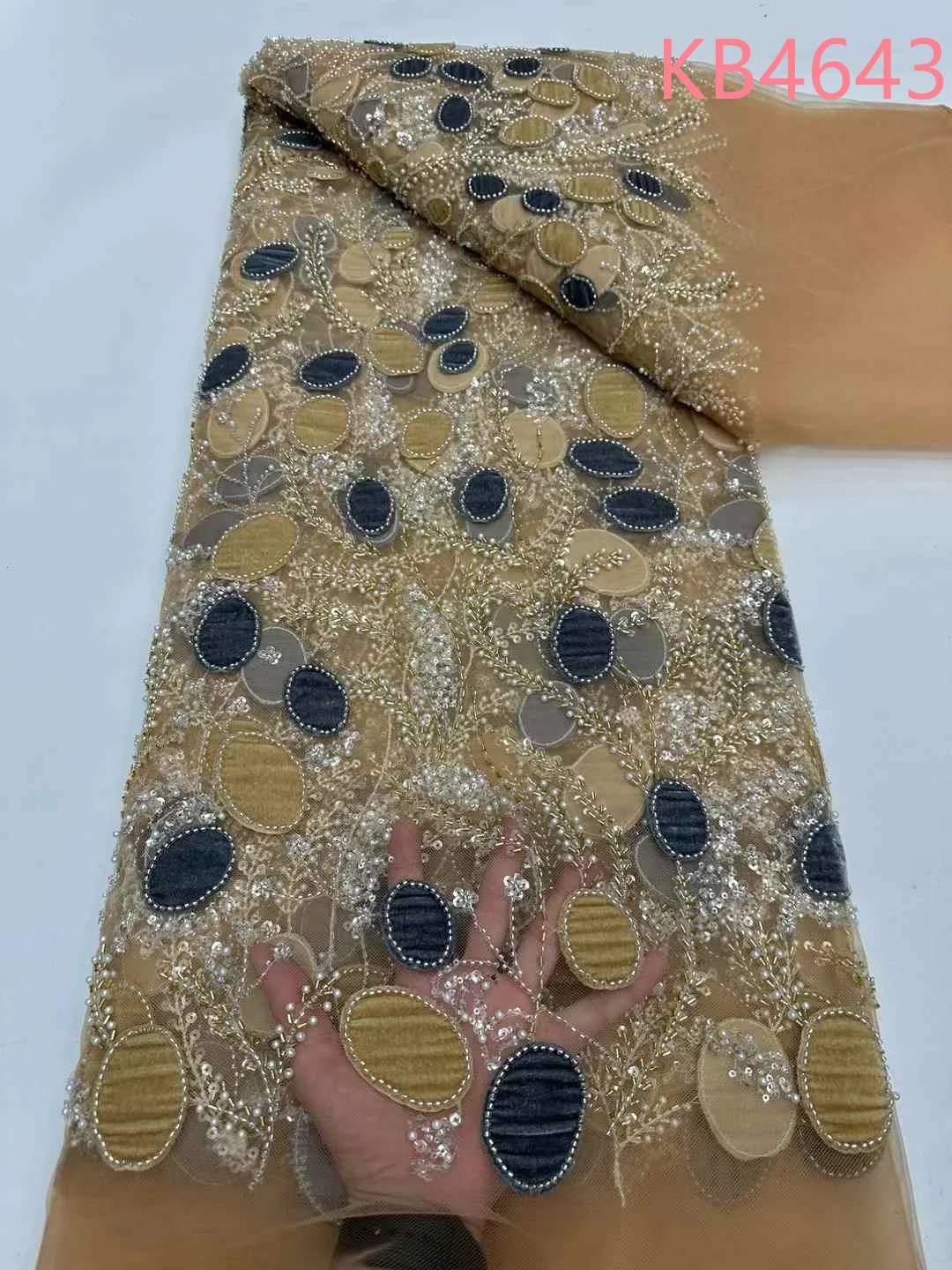 

African Beaded Lace Fabric Sequins Net Latest Lace Fabric High Quality 2025 Velvet Beaded Lace Fabric Sequence For Sewing KB4643