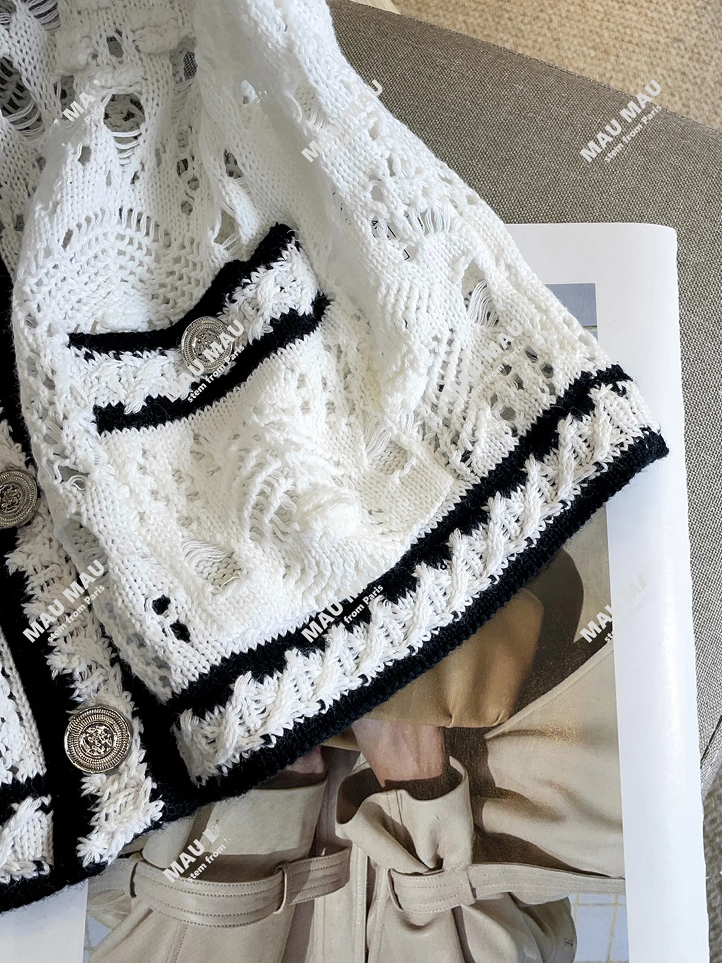 Cardigã F E de Tricô Aberto com Design Floral Vazado Suave, Manga Longa, Gola Redonda, Cor Sólida, Roupa Casual