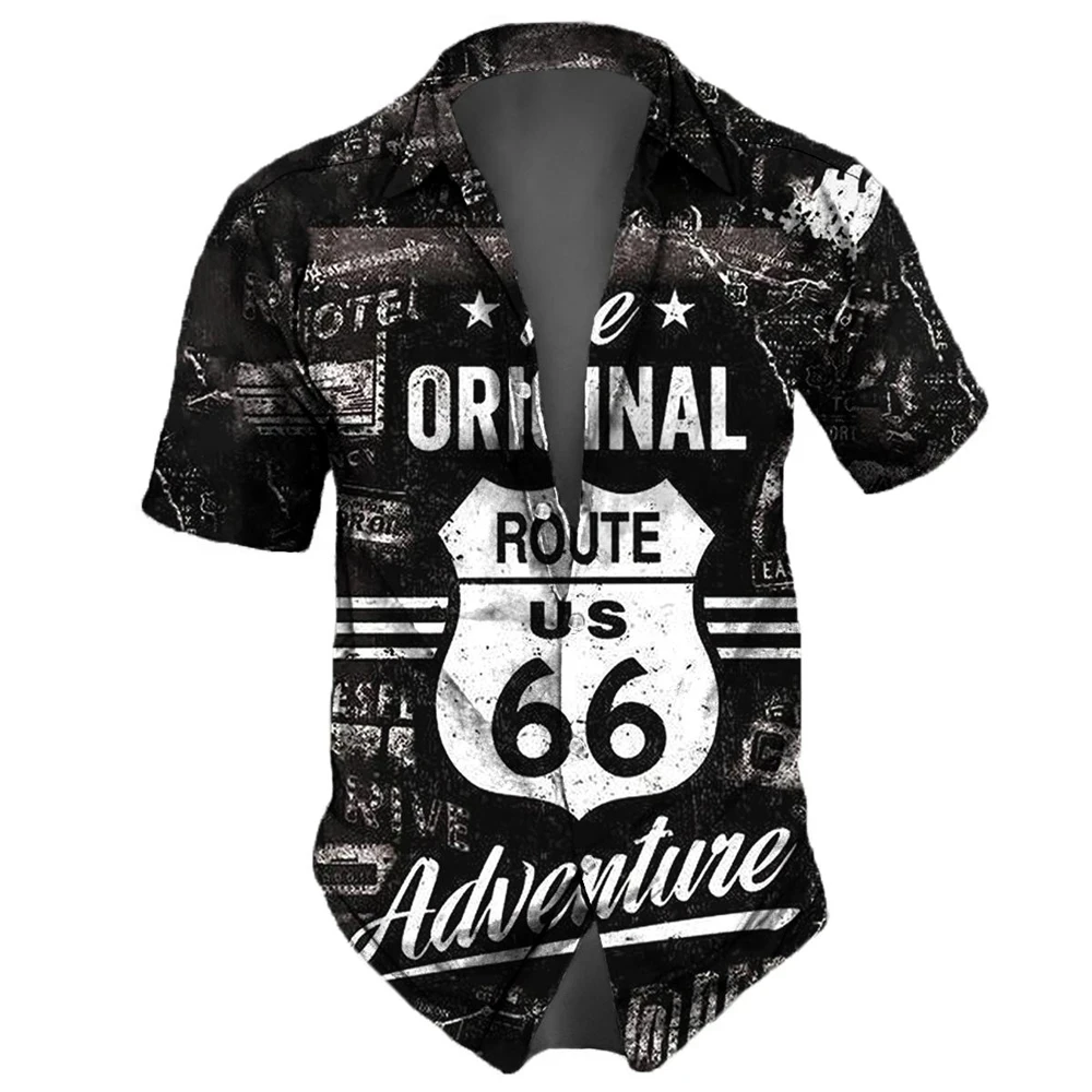 Washed Map Newspaper Style Men Shirts Route 66 Old Fashion Short Sleeve Shirt For Men Lapel Oversize Men's Clothing Cool Tops