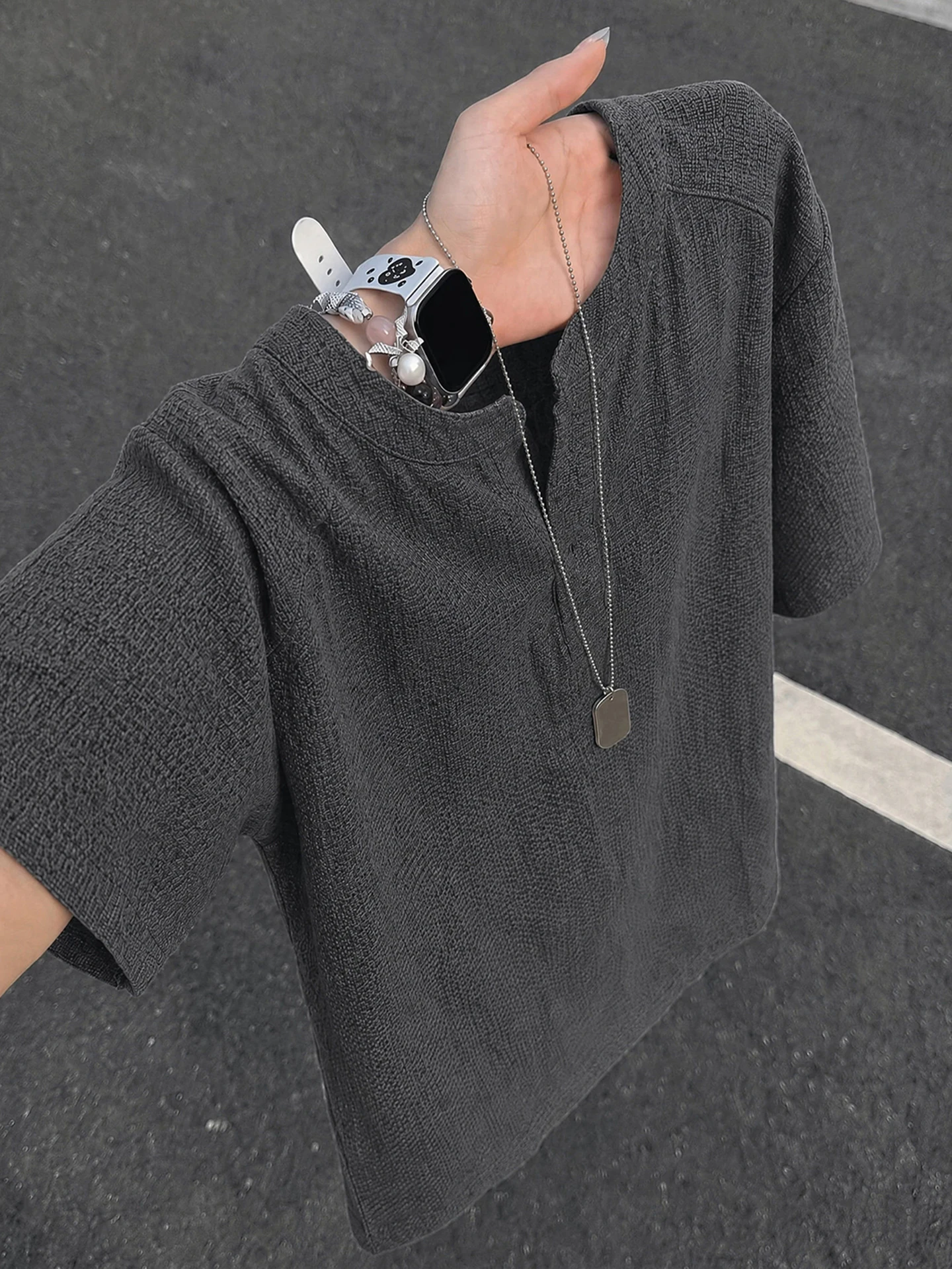 Lightweight Breathable Men's T-shirt Dragon Scale Texture V-neck Short Sleeve Cleanfit Shoulder Summer Casual Top