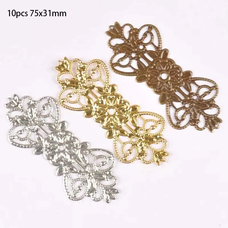 10Pcs gold silver and Bronze Tone Filigree Wraps Connectors Metal Crafts Gift Decoration DIY 75x31mm