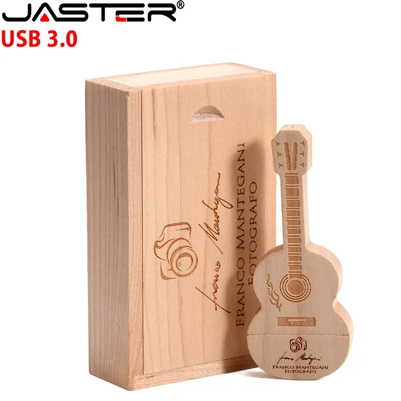 JASTER Gitar USB 3.0 Flash Drive Kotak Kayu Stik Memori Kreatif Hadiah Pernikahan Pendrive Gratis Logo Kustom 16GB 32GB 64GB 128GB