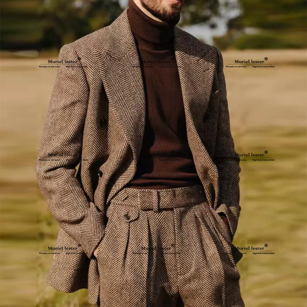 

British Style Herringbone Business Suits Men 2 Piece Set Double Breasted Prom Blazers Groom Wedding Tuxedos Outfits Customized