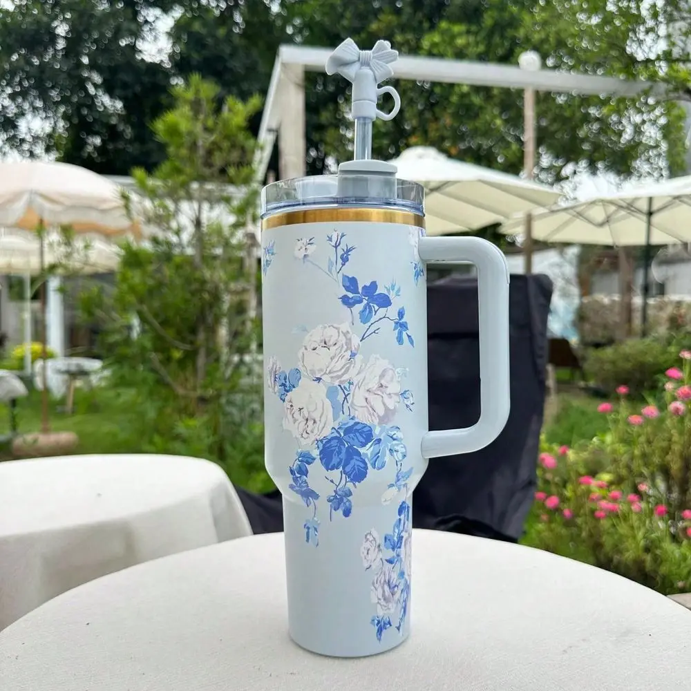 Romantic Flowers Printed Double Wall Stainless Steel Insulated Printed LeakProof With Lids And Straw ,Suitable For Christmas, V