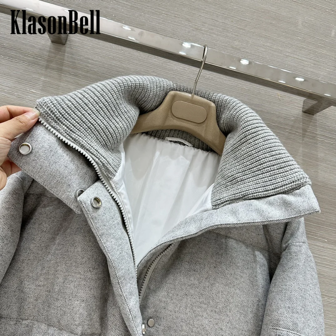 8.26 KlasonBell-Women Autumn Winter New Classic Bead Chain Wool Knit Spliced Stand Collar Down Jacket Bread Keep Warm Coat