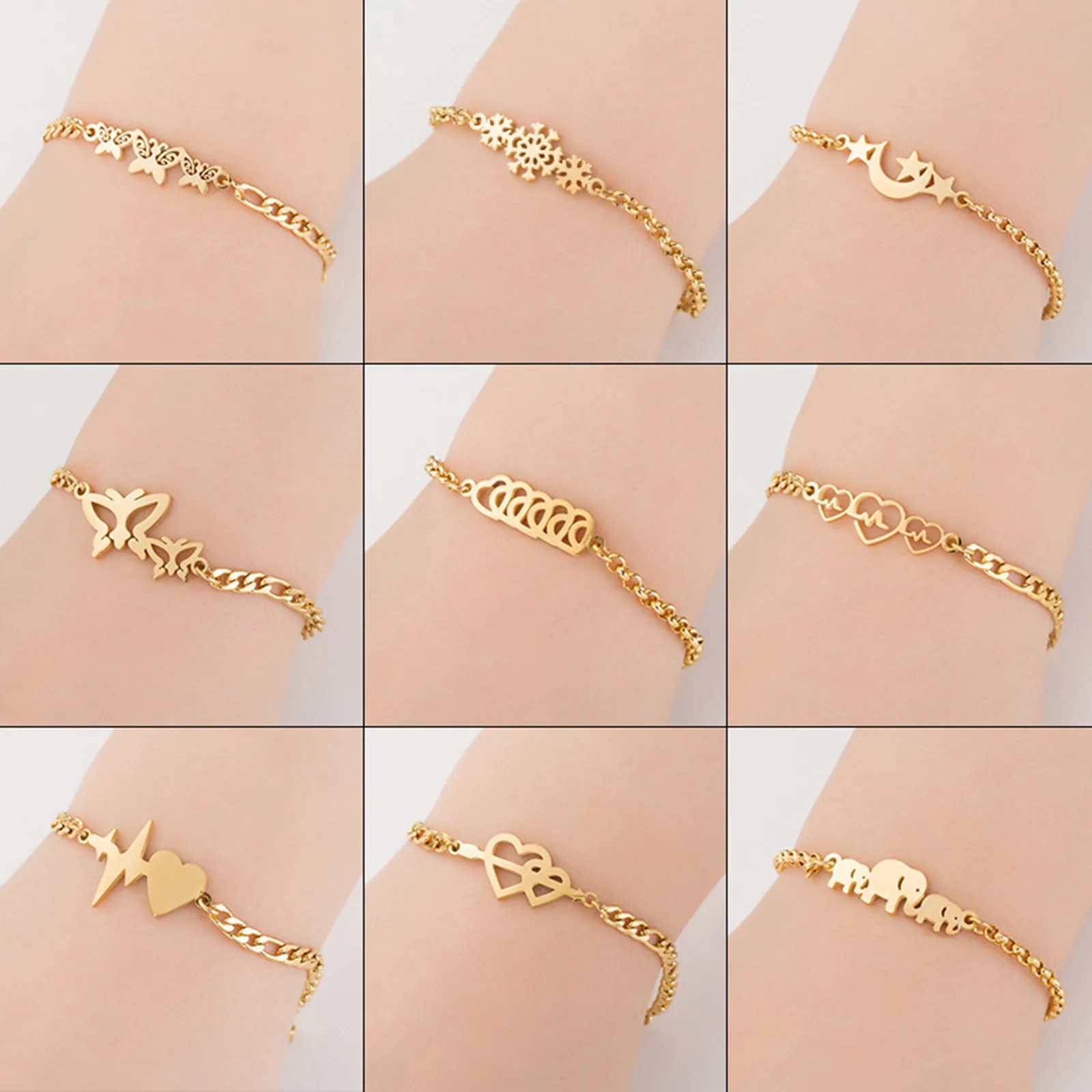 1PC 304 Stainless Steel Stylish Bracelets Gold Color Fashion Hollow Butterfly Pendant Chain Bracelet Jewelry for Women 16cm long