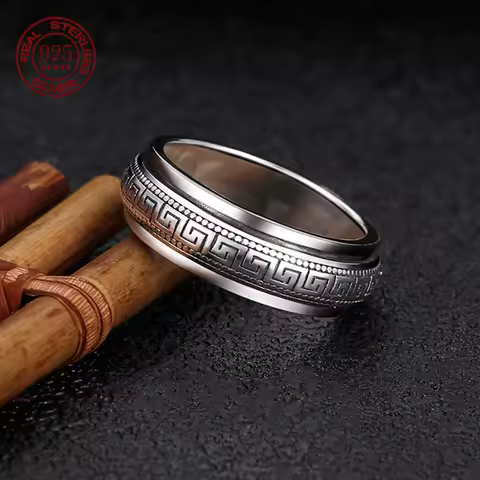 Factory Price S925 Sterling Silver Movable Great Wall Pattern Ring Men Women Real Silver Double-layer Rotatable Rings Jewelry