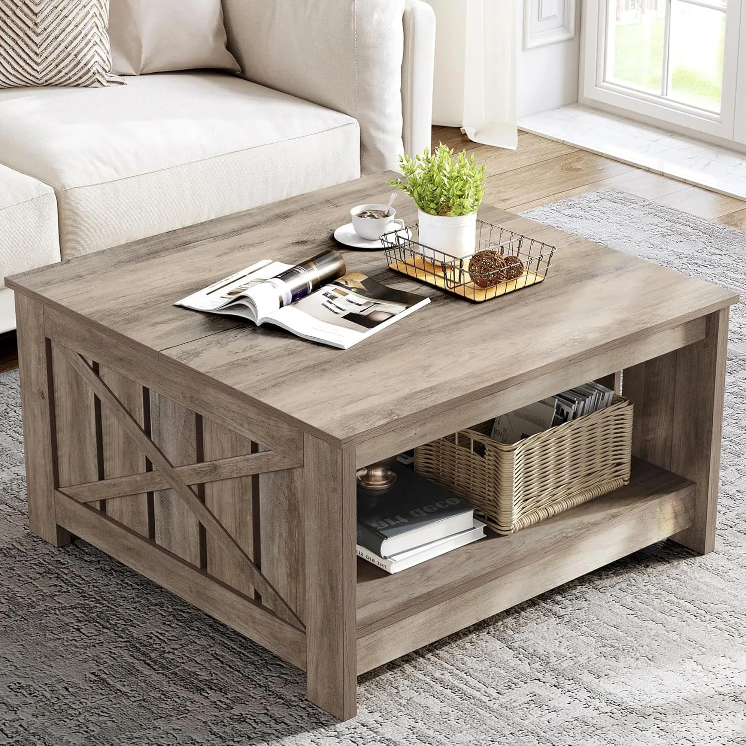 Farmhouse Coffee Table with Storage Rustic Wood Cocktail Table,Square Coffee Table for Living Meeting Room, Rustic Grey