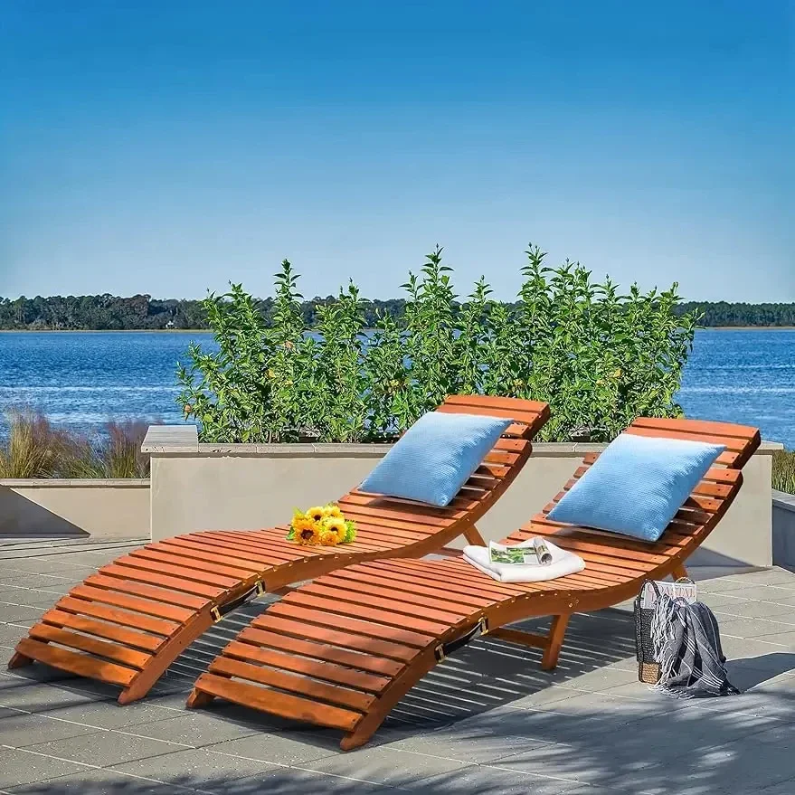 Wood Folding Chaise Lounge Chair Set of 2 Weatherproof Extended Sun Lounger with Adjustable Headrest for Patio, Balcony Poolside