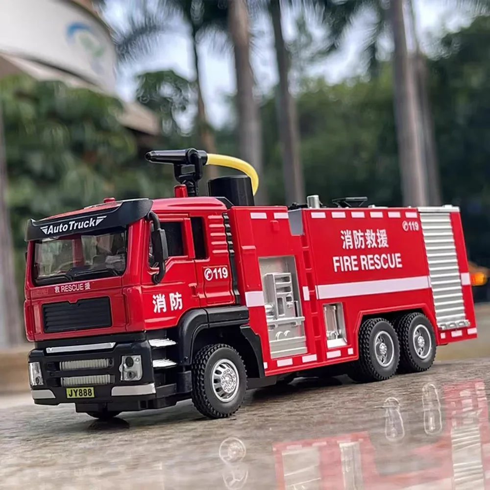 Motor de bomberos con escalera para niños, modelo de coche, rueda de juguete, rociador extraíble, camión de bomberos con música ligera, vehículo de rescate, juguetes educativos, 1/50