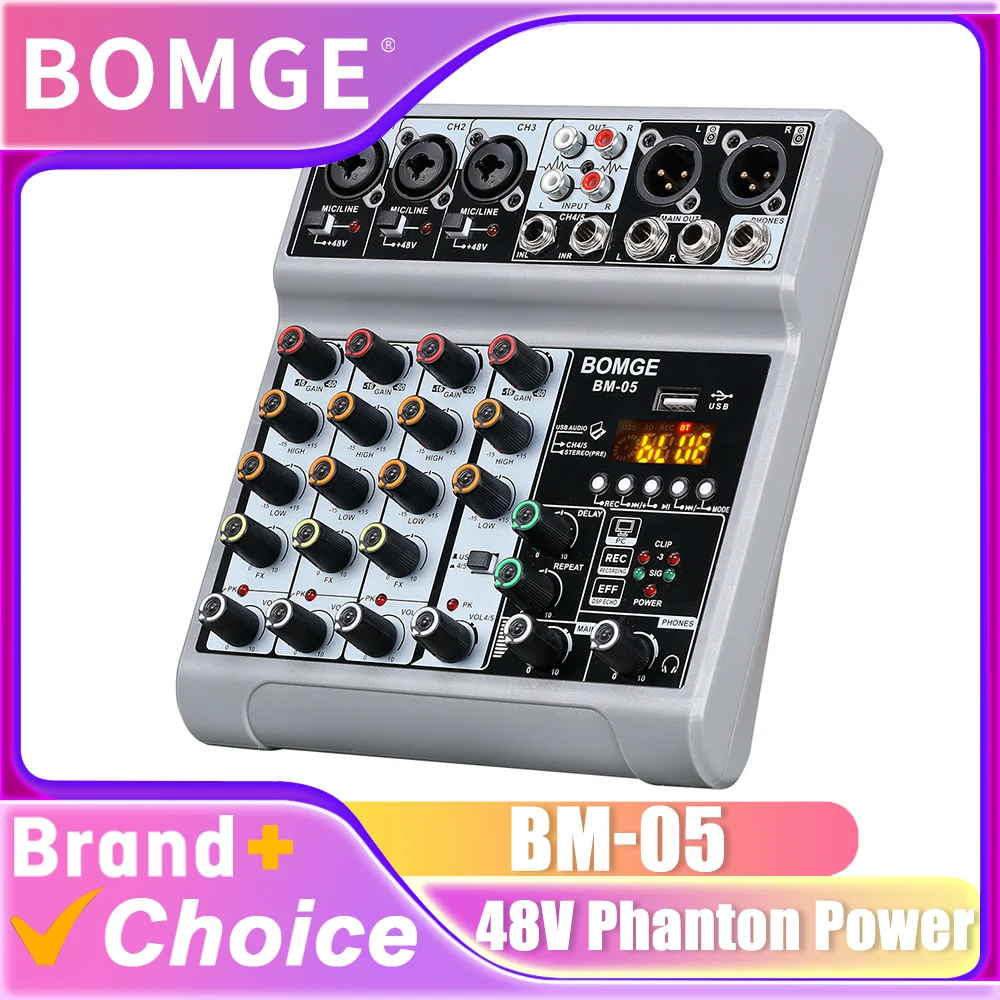 وحدة تحكم خلط خلاط الصوت BOMGE BM05 مع 5 قنوات رقمية USB بلوتوث تأثير تأخير الصدى 48 فولت خلاطات DJ ستيريو الطاقة الوهمية